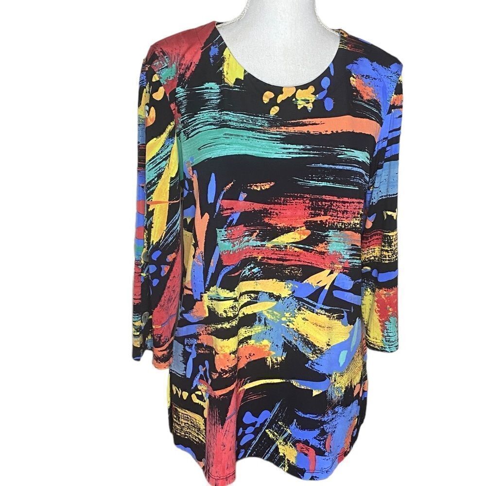 Jess & Jane Multicolor Abstract Colorful Artsy Button Sleeve Detail Blouse Small